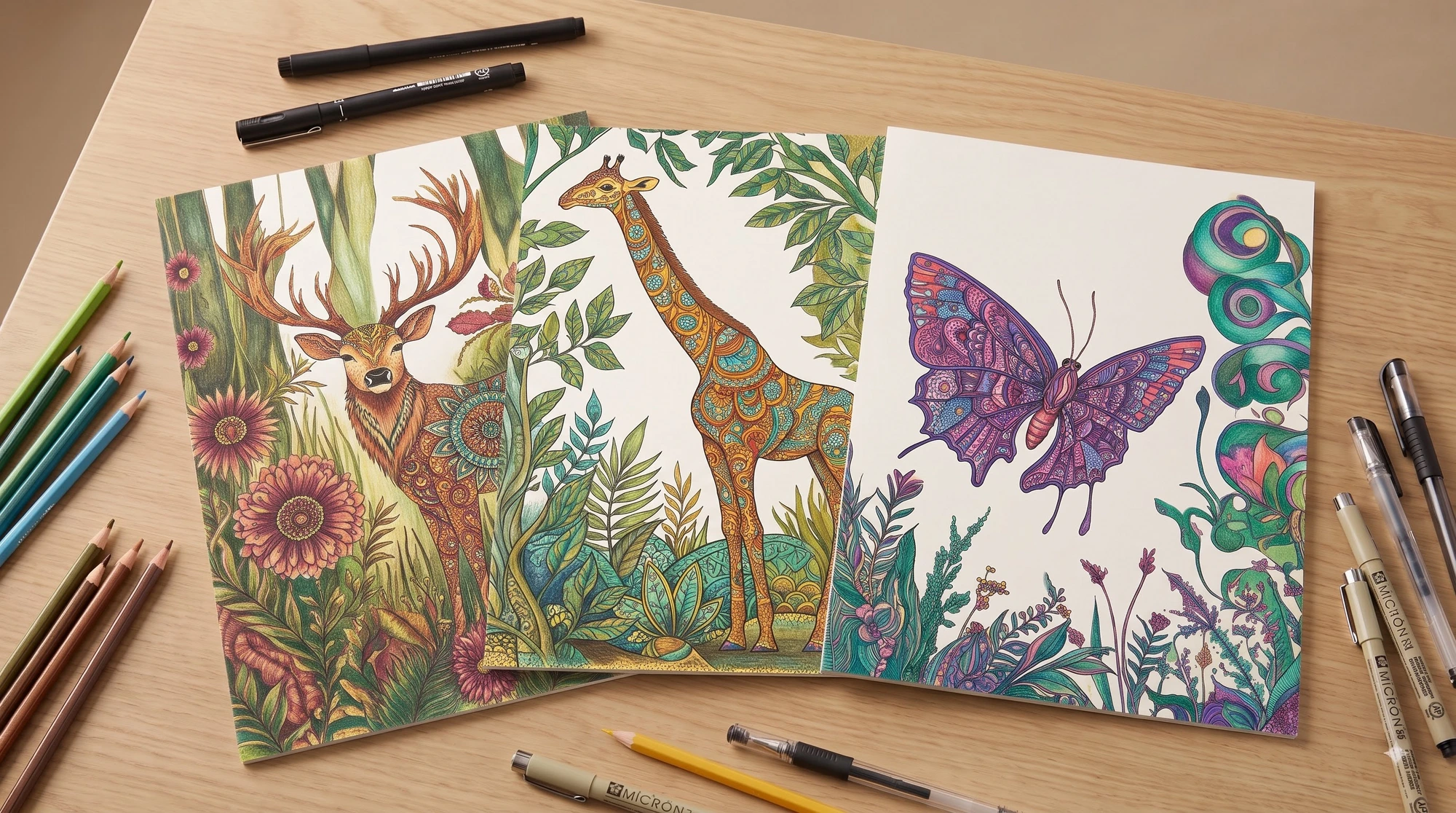 Colored versions of the Calm Brooks Intricate Masterpieces mandala pages — deer, giraffe and butterfly
