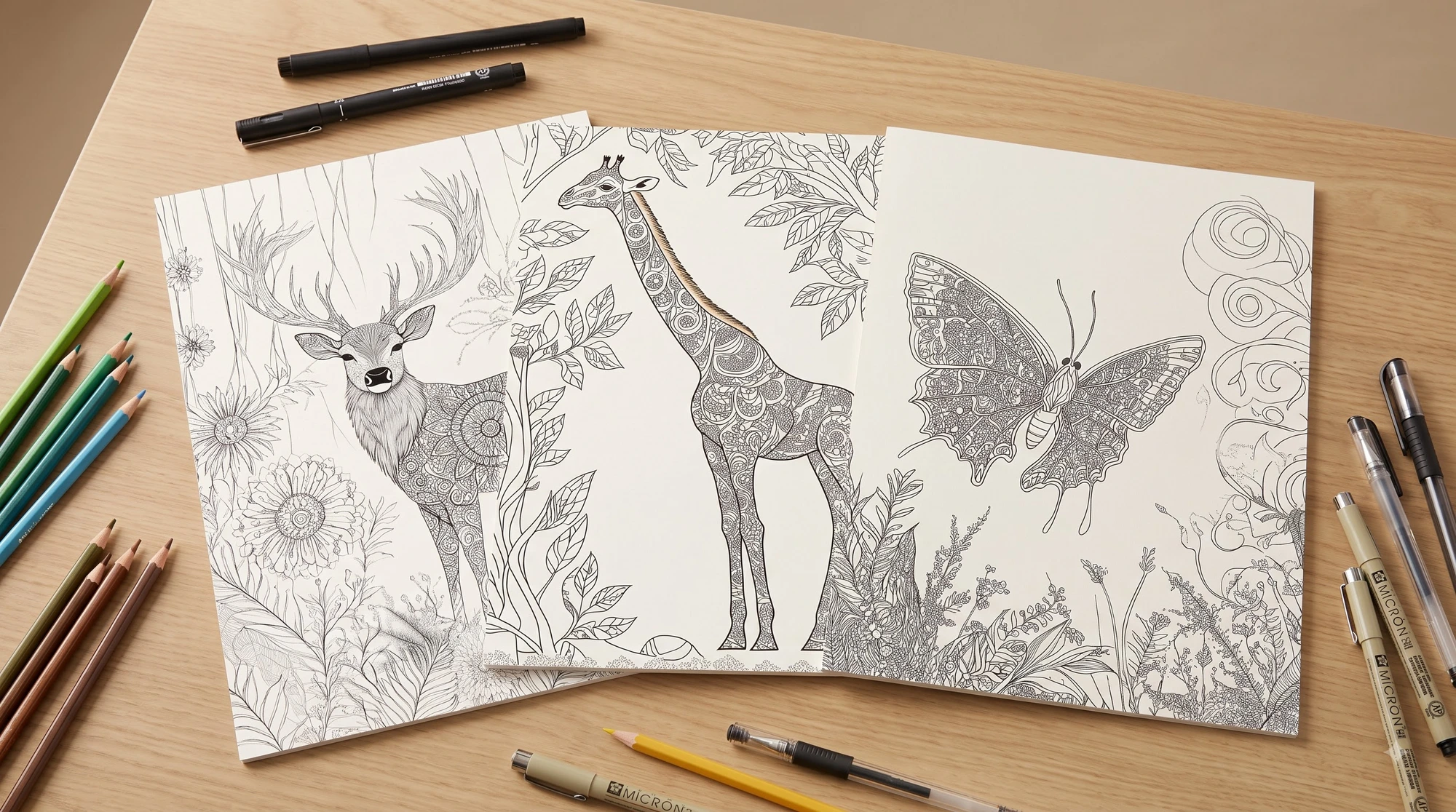 Original black-and-white mandala pages from the Calm Brooks Intricate Masterpieces coloring book — deer, giraffe and butterfly designs