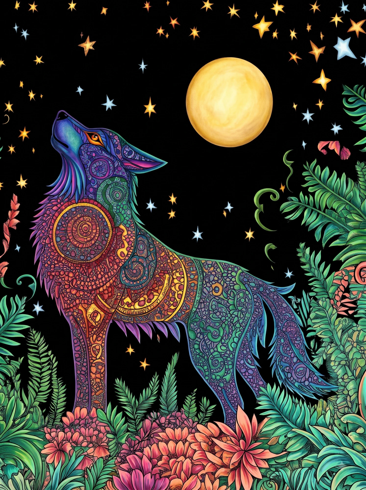 Finished colored version of the Calm Brooks Intricate Masterpieces dark page — a rainbow-patterned wolf howling at a golden moon among glowing stars and flowers