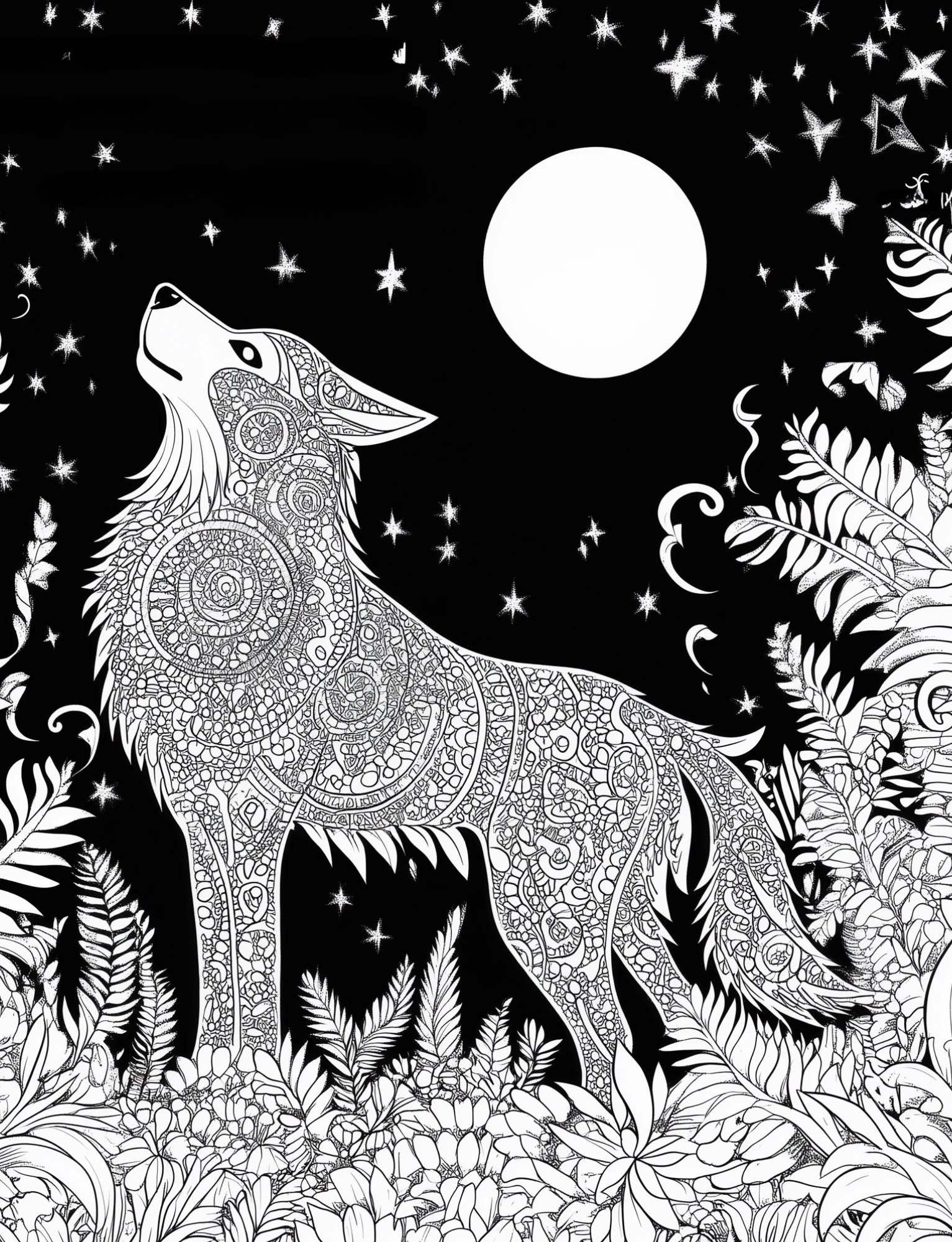 Black-background mandala coloring page from the Calm Brooks Intricate Masterpieces book — a patterned wolf howling at the moon among stars and leaves