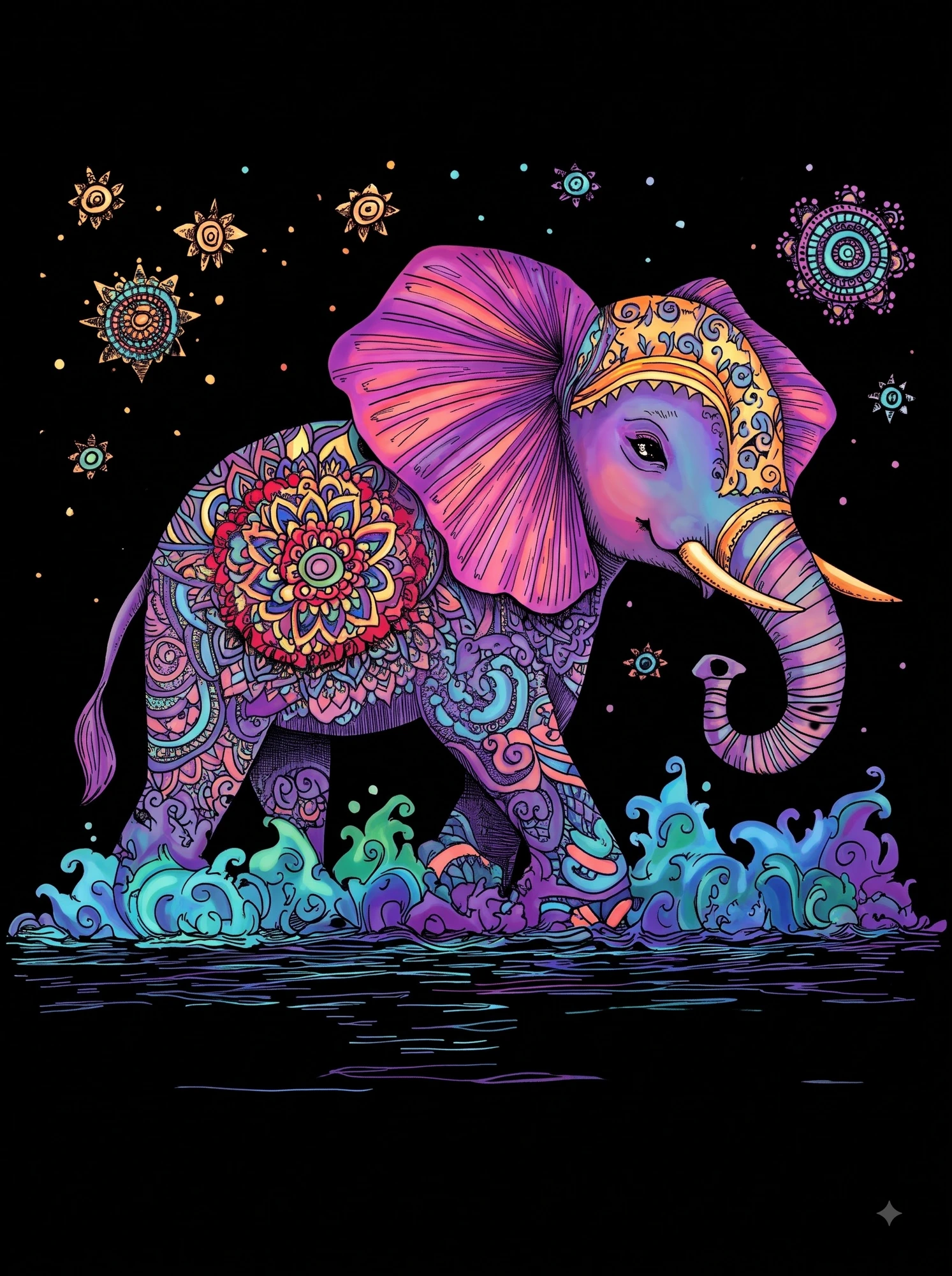 Finished colored version of the Calm Brooks Beginner's Delight dark page — a purple and teal elephant wading through water under glowing mandala stars