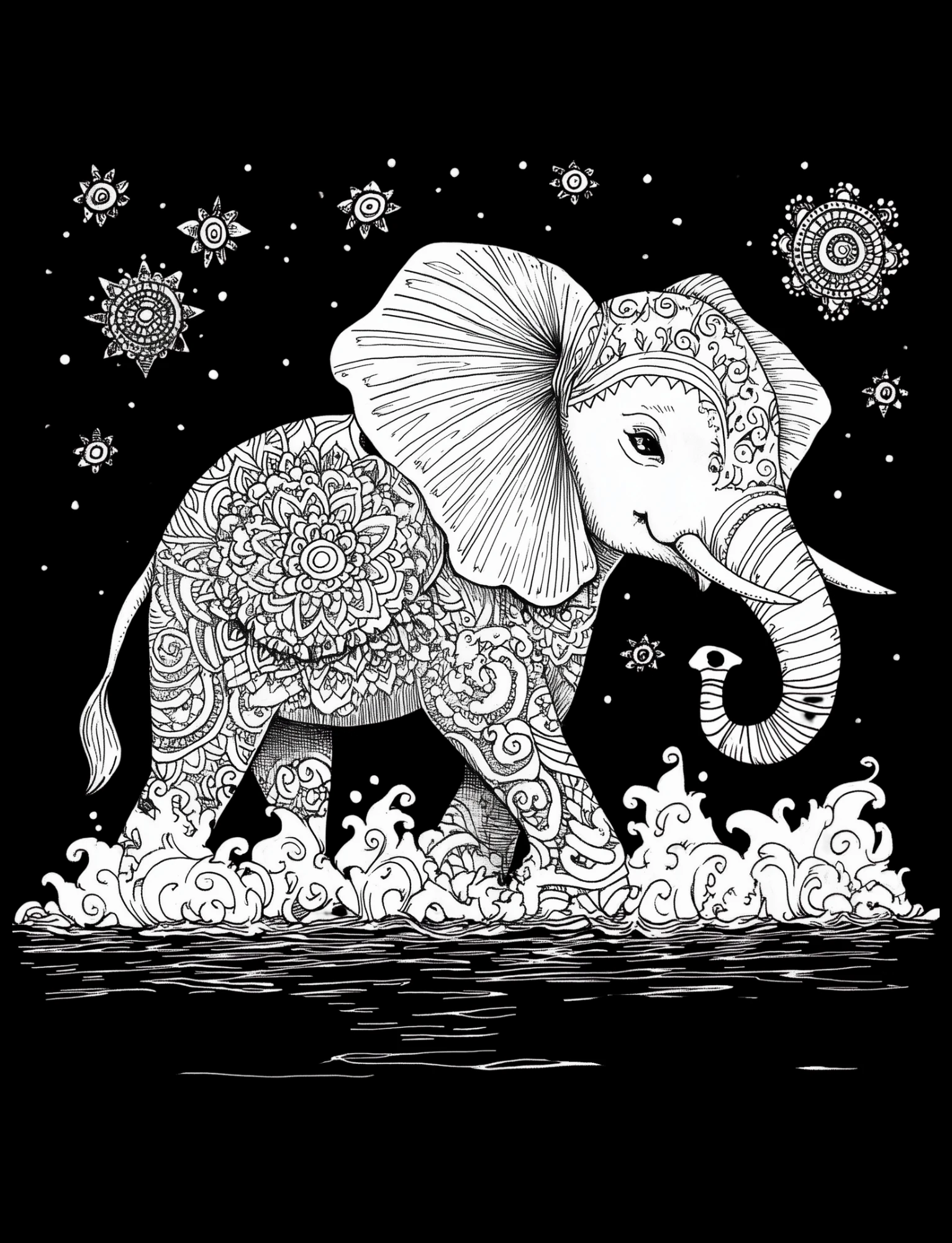 Black-background mandala coloring page from the Calm Brooks Beginner's Delight book — a patterned elephant wading through water under mandala stars