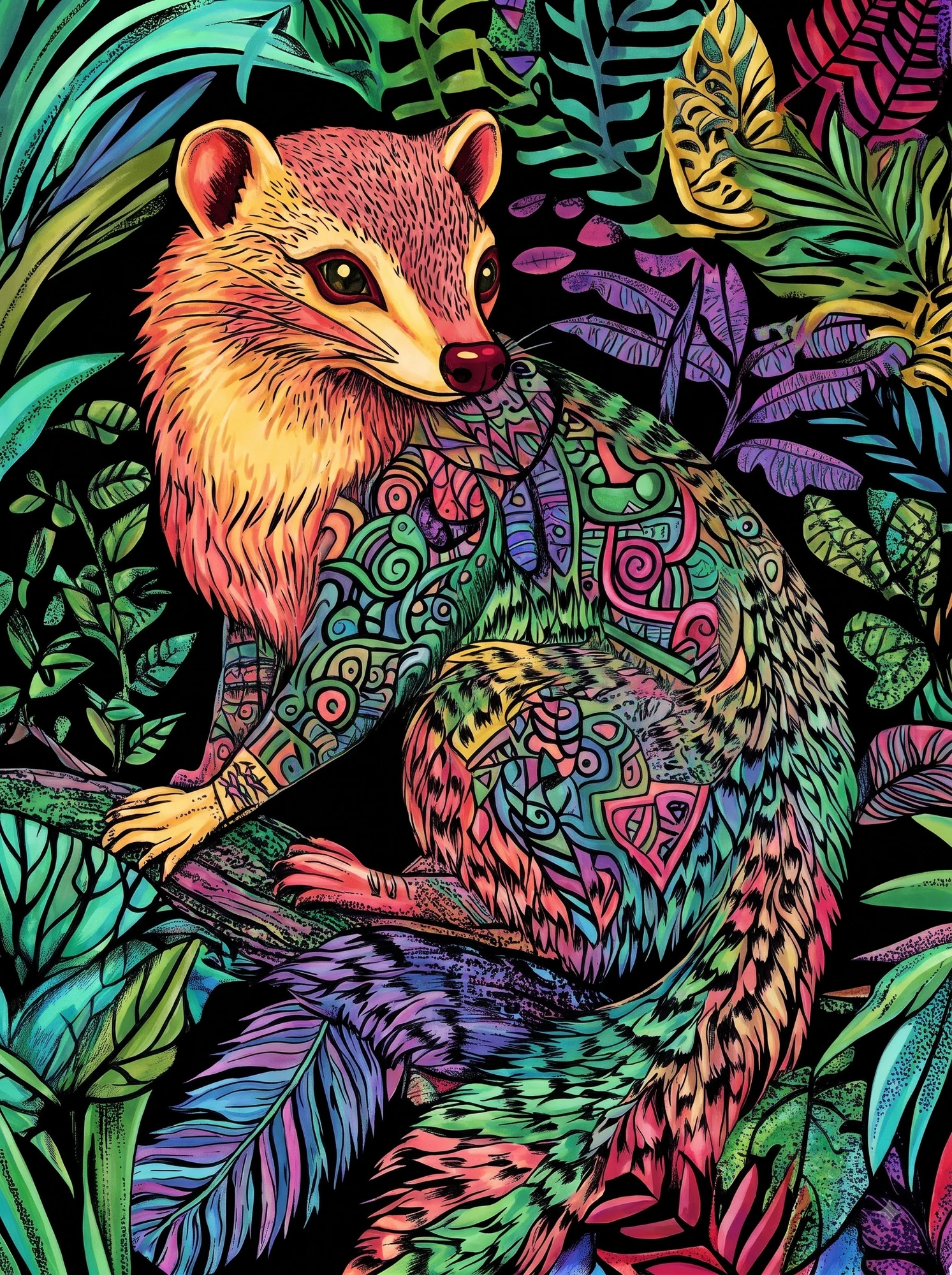 Finished colored version of the Calm Brooks Colorist's Challenge dark page — a vivid raccoon among glowing green and violet jungle leaves