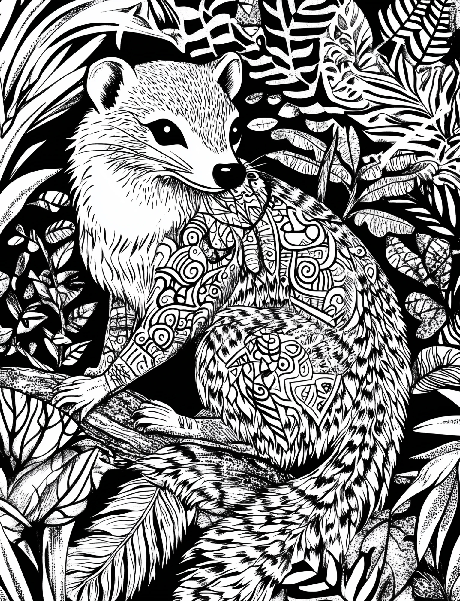 Black-background mandala coloring page from the Calm Brooks Colorist's Challenge book — a raccoon among patterned jungle leaves