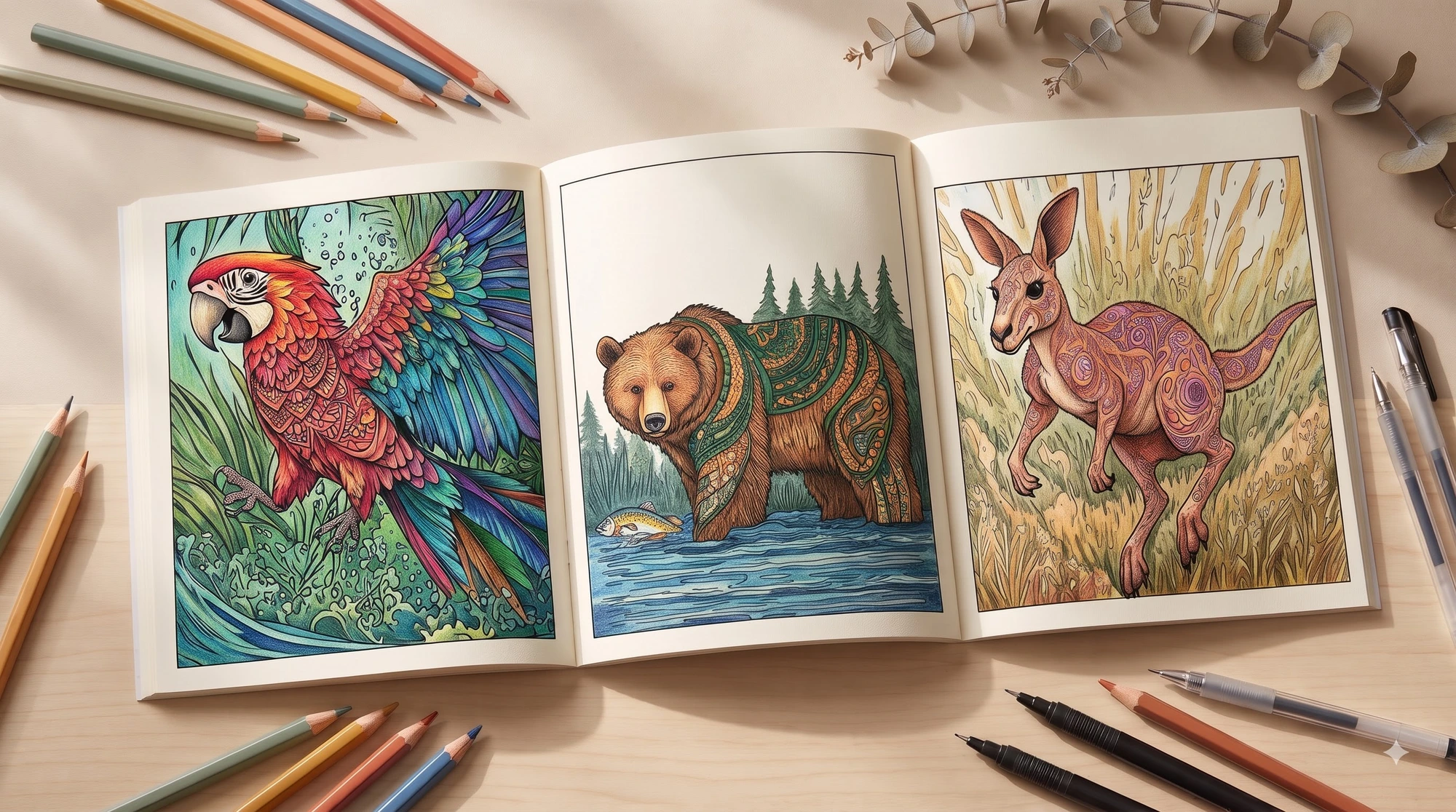 Colored versions of the Calm Brooks Beginner's Delight mandala pages — bear, parrot and kangaroo