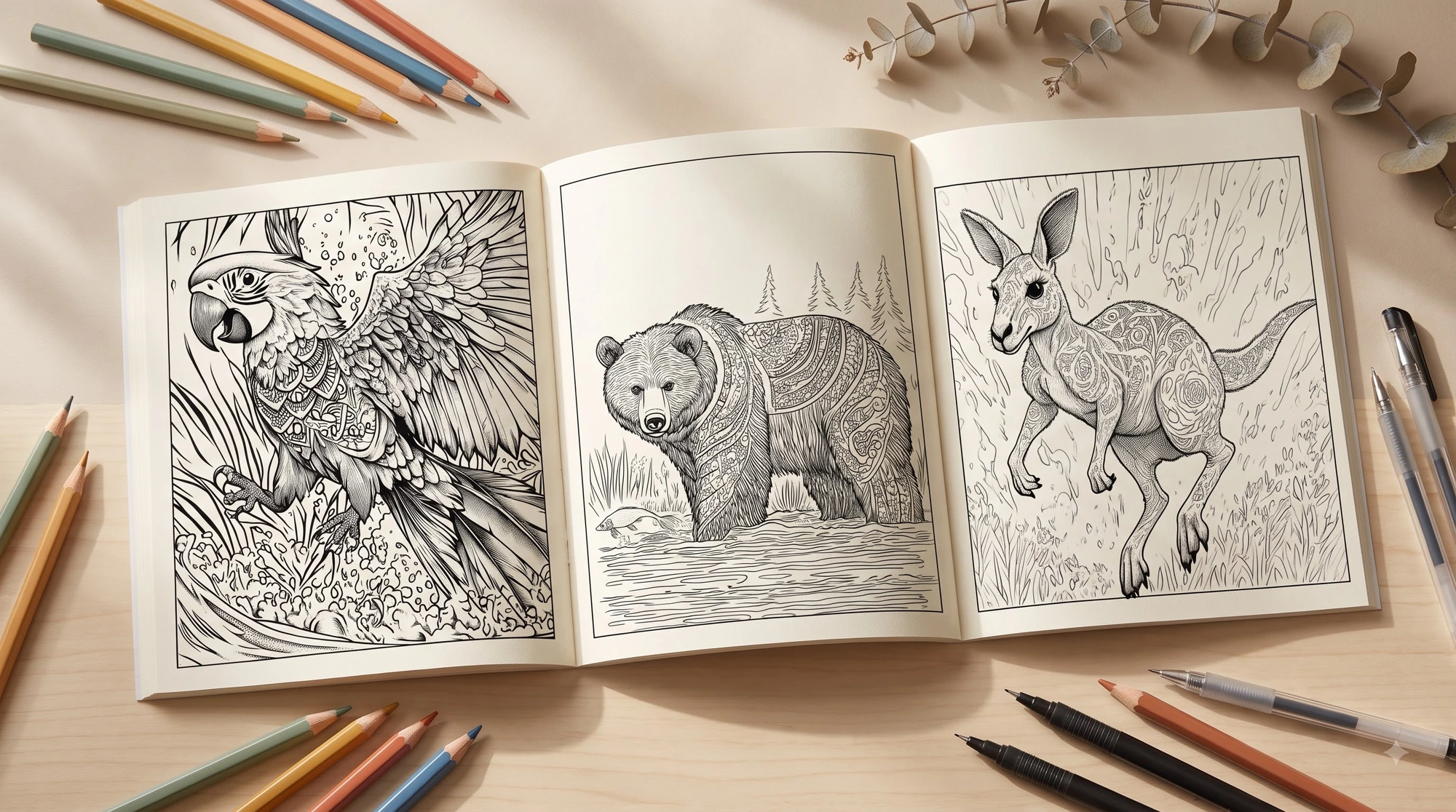 Original black-and-white mandala pages from the Calm Brooks Beginner's Delight coloring book — bear, parrot and kangaroo designs