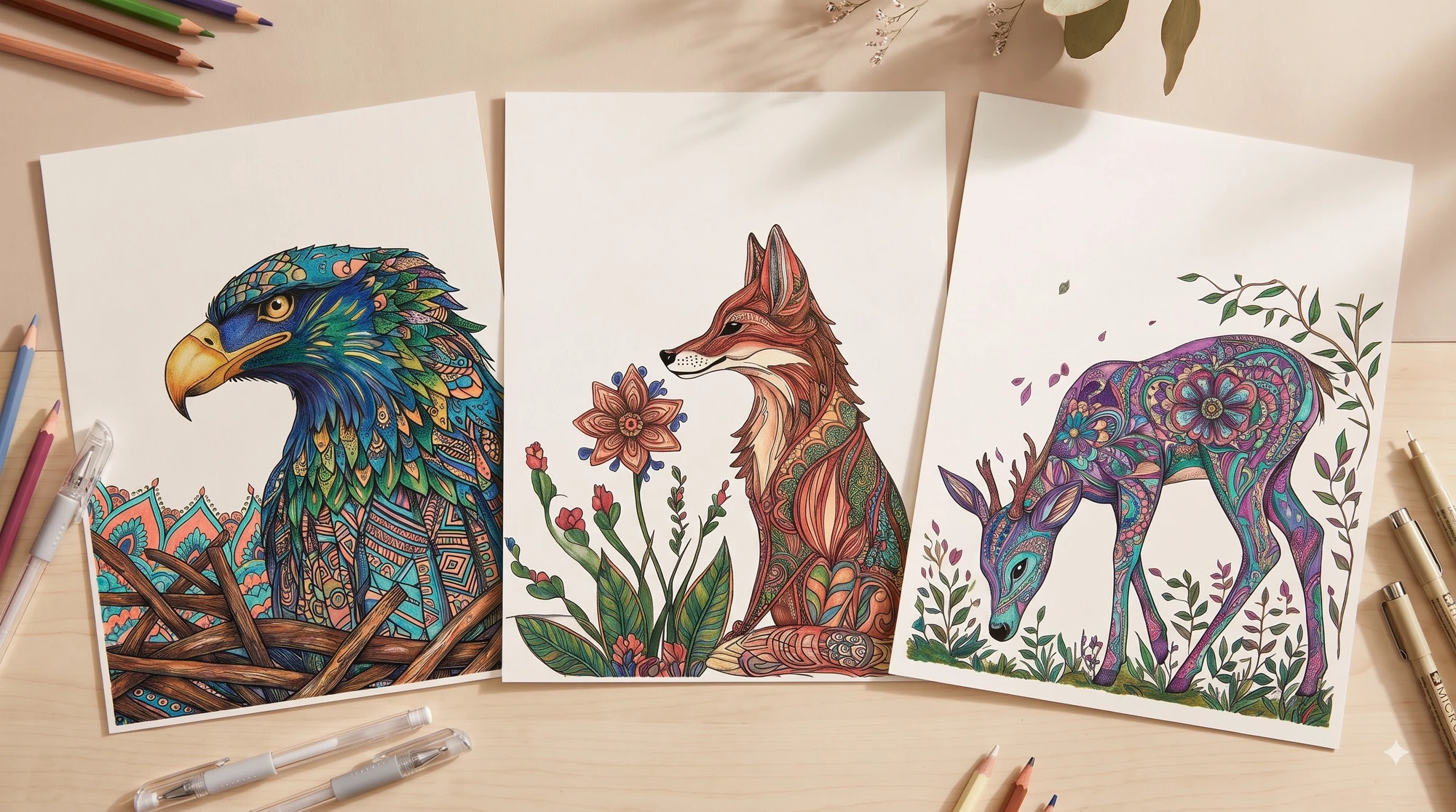 Colored versions of the Calm Brooks Colorist's Challenge mandala pages — eagle, fox and deer