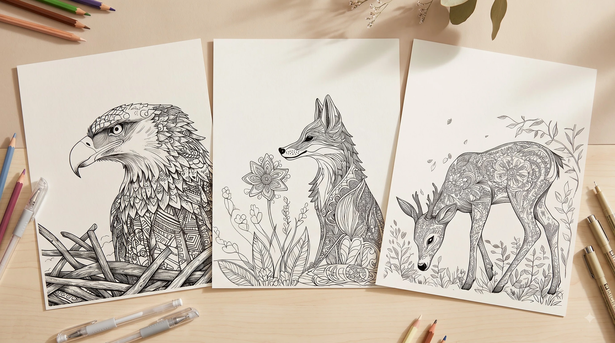 Original black-and-white mandala pages from the Calm Brooks Colorist's Challenge coloring book — eagle, fox and deer designs